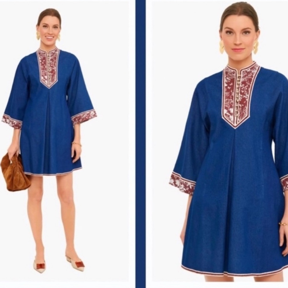 NWT Tuckernuck Indre Chambray Navy High Collar Gold Button Dress